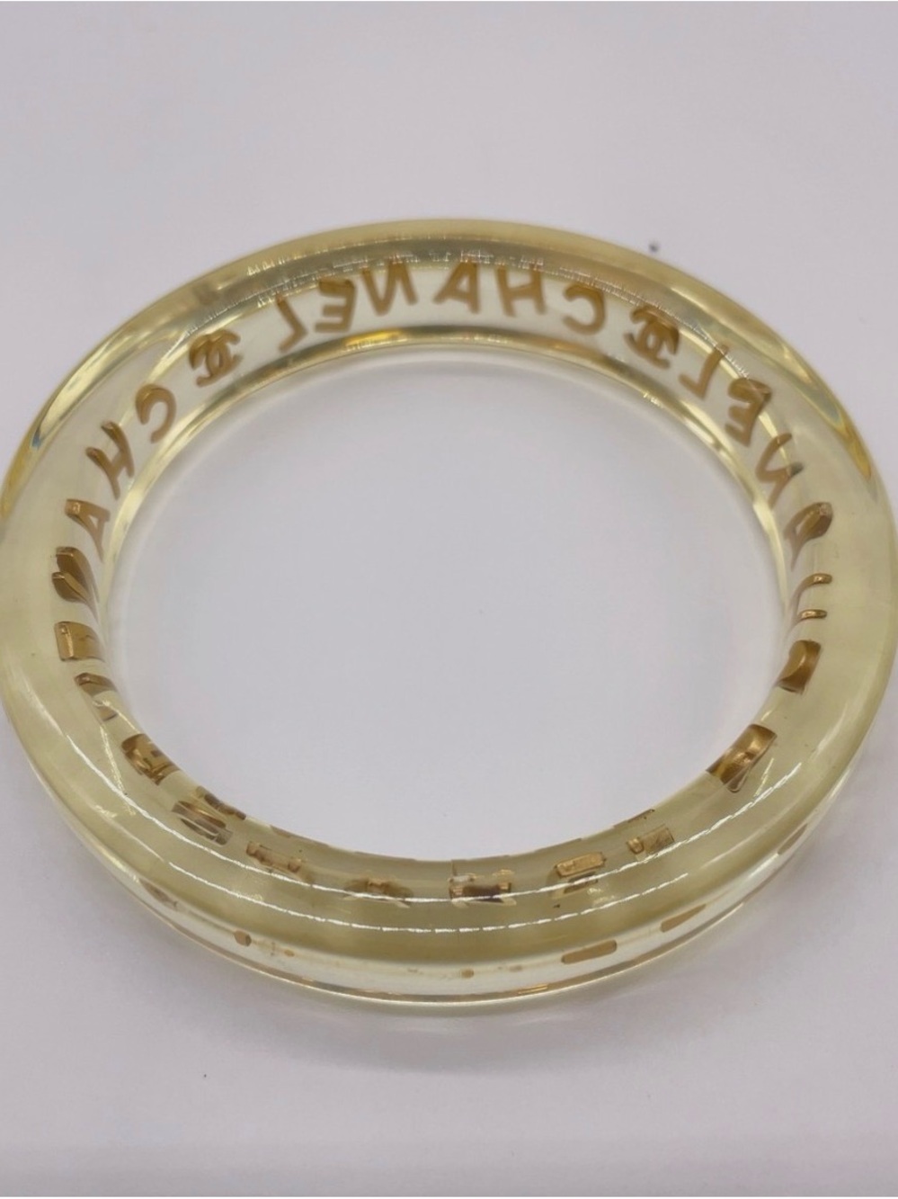 CHANEL LUCITE & Gold Letter Clear Acrylic Bangle - Picture 8 of 12